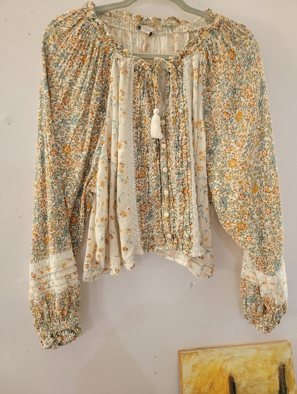 American Eagle XXL Floral Smocked Peasant Blouse - Cream & Mustard